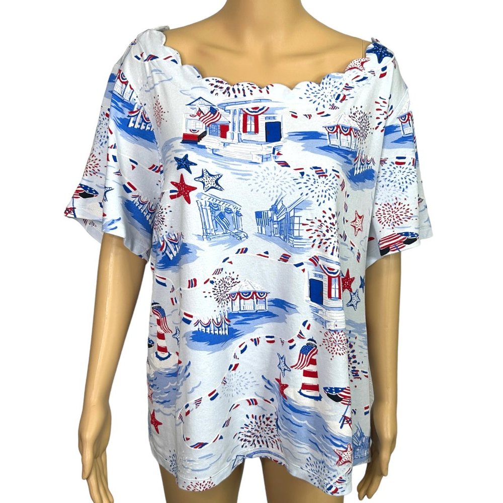 Kim Rogers Womens 2X 4th Of July Short Sleeve Scalloped Neck Blouse Shirt‎